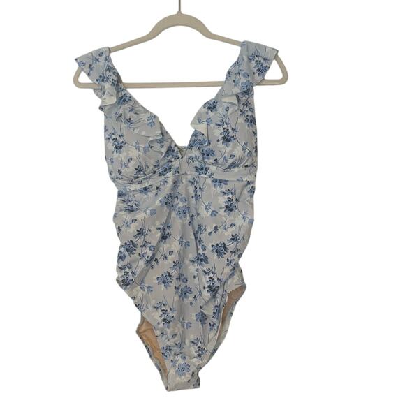 NWT A Pea in the Pod Ruffled Maternity Floral Swimsuit Light Blue Size S - Picture 1 of 7